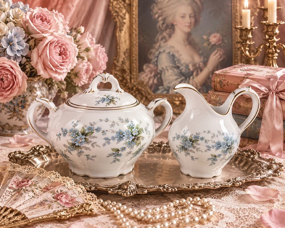 Vintage Schwarzburg Bavaria Germany Covered Sugar Bowl & Creamer Forget Me Not